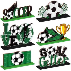lot 8456 image: Suzile 4 Pcs Soccer Ball Table Wooden Decorations Green Black Table Centerpiece Sign Soccer Football Theme Party Detachable Tabletop Decor Photo Props for Boys Kids Birthday Party Supplies
