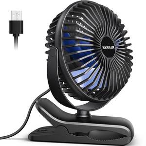 lot 8472 image: BESKAR USB Clip on Fan, Portable Small Fan with Cord Powered, 3 Speeds Strong Airflow, with Sturdy Clamp, Quiet Personal Desk Fan