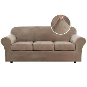 lot 9028 image: H.VERSAILTEX Modern Velvet Plush 4 Piece High Stretch Sofa Slipcover Strap Sofa Cover Furniture Protector Form Fit Luxury Thick Velvet Sofa Cover for 3 Cushion Couch Width Up to 90 Inch (Sofa, Camel)