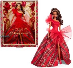 lot 9030 image: Barbie 2024 Holiday Barbie Dolls, Seasonal Collector Toy, Barbie Signature, Plaid Gown with Red Bow, Displayable Packaging, Light Brown Hair
