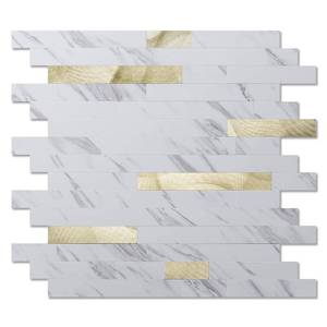 lot 9035 image: Art3d 10-Sheet Peel and Stick Backsplash Tile for Kitchen Bathroom Fireplace Laundry Room in White Slate with Gold Studded