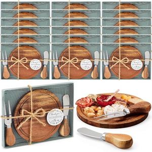 lot 9039 image: Maxcheck 18 Sets Bridal Shower Baby Prizes Cheese Board Set Wood Round Mini Charcuterie Board with Knives and Forks Bulk Thank You Tags with Bridal Shower Gift Box for Guests Wedding Party (Acacia) - Retail $77.33