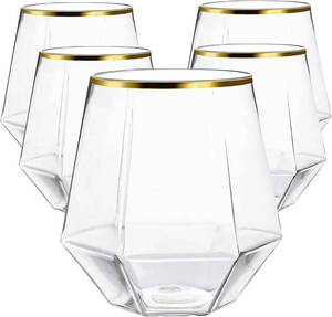 lot 9043 image: Diamond Unbreakable Stemless Plastic Wine Champagne Whiskey Glasses Elegant Durable Disposable Indoor Outdoor Ideal for Home, Office, Bars, Wedding, 12 Ounce Cups Gold Rim (Gold)