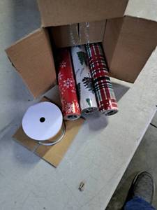 lot 9051 image: Hallmark Christmas Wrapping Paper Set (90 sq. ft. ttl 10 Bows 4 Ribbon Colors 40 Gift Tag Stickers) Stripes Snowflakes Trees