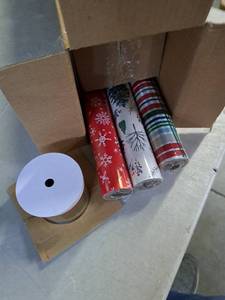lot 9053 image: Hallmark Christmas Wrapping Paper Set (90 sq. ft. ttl 10 Bows 4 Ribbon Colors 40 Gift Tag Stickers) Stripes Snowflakes Trees