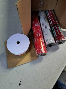lot 9054 image: Hallmark Christmas Wrapping Paper Set (90 sq. ft. ttl 10 Bows 4 Ribbon Colors 40 Gift Tag Stickers) Stripes Snowflakes Trees