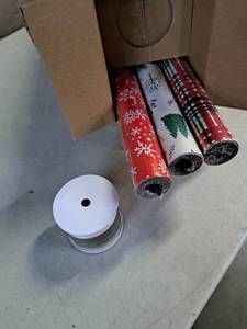 lot 9055 image: Hallmark Christmas Wrapping Paper Set (90 sq. ft. ttl 10 Bows 4 Ribbon Colors 40 Gift Tag Stickers) Stripes Snowflakes Trees