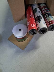 lot 9056 image: Hallmark Christmas Wrapping Paper Set (90 sq. ft. ttl 10 Bows 4 Ribbon Colors 40 Gift Tag Stickers) Stripes Snowflakes Trees
