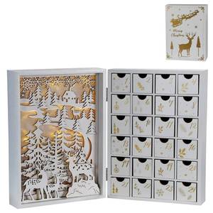 lot 9063 image: MorTime White Advent Calendar Book with 24 Drawers, Lighted Wooden Countdown to Christmas Book Decorated with LED Lights and Christmas Tree Reindeer Snowflake