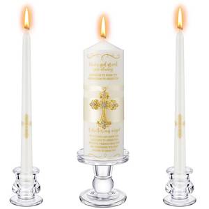 lot 9085 image: Threlaco Set of 3 Baptism Candle with Candle Holder,Custom and Personalized Pillar and Taper Candles with Bible Quote for Boys Girls Religious Ceremony Wedding Celebration Special Events(Gold)