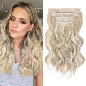 lot 10192 image: REECHO Hair Extensions, 4PCS Clip in Hair Extensions 14 Short Beach Wavy Hair Extensions Invisible Lace Weft Natural Soft Hairpieces for Women �� Ash Blonde with Highlights