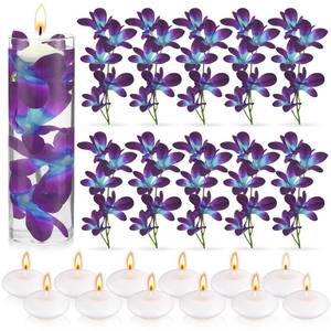 lot 10200 image: Floating Flowers for Centerpieces Blue Faux Orchid Flowers Vase Fillers Floating Candles Purple Orchid Wedding Table Decor Filling Unscented Floating Candles for Birthday Wedding Party (28 Pieces)