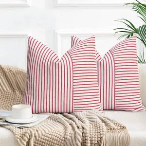 lot 10202 image: YCOLL Christmas Pillow Covers 18x18, Boho Throw Pillow Covers Set of 2, Red and Cream Striped Linen Decorative Pillows Cushion Covers for Couch Bedroom Christmas Decorations