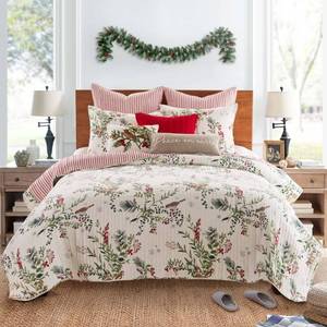 lot 5282 image: Levtex Home - Winterberry Forest Christmas Quilt Set - KingCal King Holiday Quilt 106x92 and Two King Pillow Shams 20x36 - Green, Red, Grey and Cream - Reversible - CottonPolyester - Retail $155.03