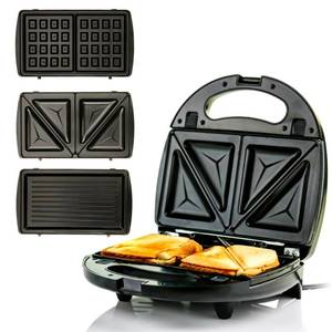 lot 6016 image: OVENTE 3 in 1 Electric Sandwich Maker, Panini Press Grill and Waffle Iron Set with Removable Non-Stick Plates, Perfect for Cooking Grilled Cheese, Tuna Melts, Burgers, Steaks and Snacks, Black GPI302B