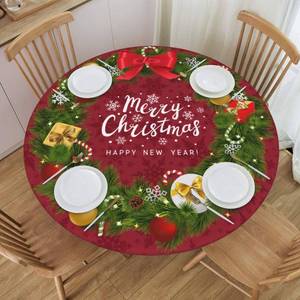 lot 6023 image: KUOAICY Merry Christmas Garland Round Fitted Tablecloth with Elastic Edged Decorative Kitchen Dining Table Cloth Cover Fits 45-50 Round Table (45-50)