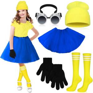 lot 6059 image: Tarpop 5 Pcs Halloween Costume Accessories Includes Vintage Steampunk Goggles Yellow Beanie Hat Black Gloves Tutu Skirt Yellow Stripes Knee Tube Socks for Kids Halloween Party Cosplay Costume