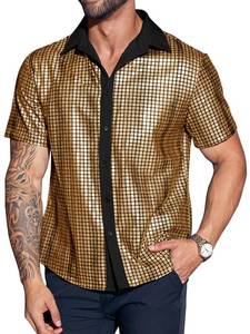 lot 6082 image: Runcati Mens Disco Shirt 70s Shirts Short Sleeve Button Down Vintage Sequin Metallic Disco Outfits Party Costume Top