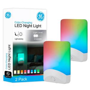 lot 6095 image: GE Color-Changing LED Night Light, Plug Into Wall, Dusk to Dawn Sensor, 8 Vibrant Colors, Ambient Lighting, Kids Adults Bedroom, Bathroom, Nursery, Kitchen, Hallway, 2 Pack, 46722-P1
