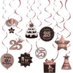 lot 6123 image: Happy 25th Birthday Party Hanging Swirls Streams Ceiling Decorations, Celebration 25 Foil Hanging Swirls with Cutouts for 25 Years Old Rose Gold Birthday Party Decorations Supplies