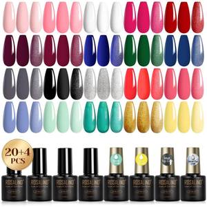 lot 6145 image: ROSALIND 24PCS Gel Nail Polish, Bright Colors Hot Pink Gold Burgundy Red Gel Polish Collection with Base & Top Coat Glitter Effect High Shine DIY Home Slaon Nail Art Gift