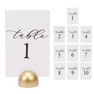 lot 6178 image: Hanna Roberts Modern Cursive Table Number Card Stock Signs with Round Stand for Wedding Reception, Restaurant, Event Party, 4 x 6 (Set of 10, 1-10, Gold)