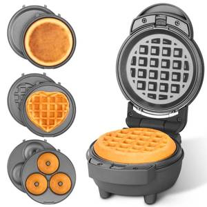lot 6180 image: Bakers Friend 4 in 1 Mini Waffle Maker with Removable Plates, A Set of Mini Pancake Maker, Mini Donut Maker, Mini Heart Shape Waffle Maker and Small Waffle Maker, Recipe Included, Graphite