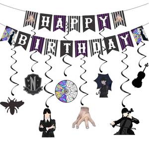 lot 6189 image: Wednesday Birthday Decorations Wednesday Happy Birthday Banner with Hanging Swirls Black and Purple for Kids Birthday Party Decorations Gothic Birthday Banner for Wednesday Party Supplies