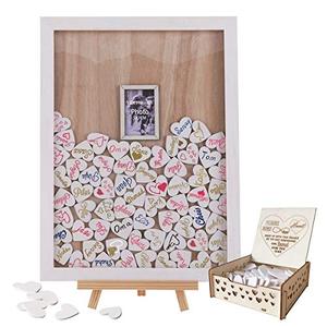 lot 6190 image: Wedding Guest Book, Y&K Homish Drop Top Frame Sign Book with 100PCS Wooden Hearts, Rustic Wedding Decorations and Gift (White Wooden Frame  Picture Photo)