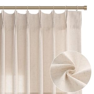 lot 6220 image: Pinch Pleat Curtains 102 Inch Long 2 Panels Set for Living Room Bedroom Track System Light Filtering Cream Beige Semi Sheer Boho Neutral Faux Linen Textured Pleated Curtain with Hooks 102 Length