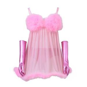 lot 6252 image: CosplayDiy Womens Cosplay Pink Fembot Costume Dress Adult Sexy Robot Costume Feather Lingerie Set XS