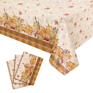 lot 6253 image: 3Pcs Fall Thanksgiving Tablecloth Plastic Disposable Autumn Harvest Vinyl Table Cloth Orange Pumpkin Maple Leaf Table Cover for Birthdays Party Decor Rectangle 54  108 Inch