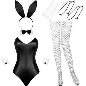 lot 6280 image: Geyoga Halloween Anime Women Bunny Costume Bunny Outfit Halloween Cosplay Bodysuit Role Costume Bunny Headband Stocking Set(Small,White and Black)