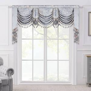 lot 6281 image: Loom and Mill Luxury Jacquard Waterfall Valance for Living Room Bedroom, Elegant European Floral Swag Window Valances with Tassels, Blue Grey Swag Curtains for Banquet Holiday Decor(W79Inch,1 Panel) - Retail $75.99