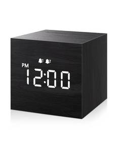 lot 6285 image: JALL Digital Alarm Clock, with Wooden Electronic LED Time Display, Dual Alarm, 2.5-inch Cubic Small Mini Wood Made Electric Clocks for Bedroom, Bedside, Desk, Black