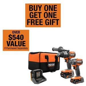 lot 6298 image: RIDGID 18V 2-Tool Hammer Drill Impact Driver Batteries Charger Bag Combo Kit - Retail $349