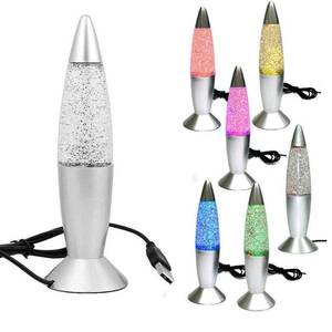 lot 6308 image: Lava Glitter Lamp with USB Plug Multi Color Changing LED Rocket Night Light for Kids Gift,Childrens Rooms,Bedrooms,Parties Decor (Silver)