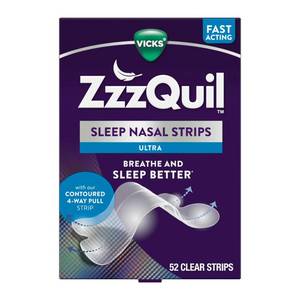 lot 6357 image: ZzzQuil, Sleep Nasal Strips, Clear Nighttime Nasal Strips, Ultra, Instantly Opens Nose for Better Breathing, Reduces Nasal Congestion for Less Snoring and Better Sleep, Drug Free, Unscented, 52ct