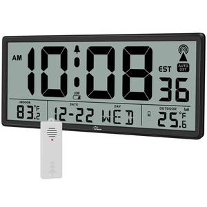 lot 10060 image: WallarGe Atomic Clock with Indoor Outdoor Temperature - Easy to Read - Self Setting, 14.5 Jumbo Auto Set Digital Wall Clock Battery Operated