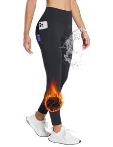 lot 10095 image: BALEAF 25 Womens Fleece Lined Leggings Petite Water Resistant High Waist Winter Running Hiking Pants Zipper Pockets Black XXL