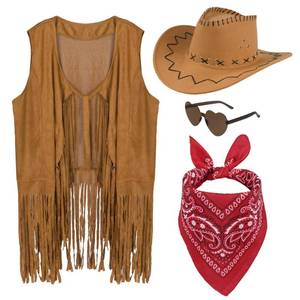 lot 10099 image: choyaxo Western Cowgirl Outfits Set Including Fringe Vest Cowgirl Hat Heart Shaped Sunglasses and Bandana for Women Halloween