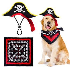 lot 10110 image: Aichiyu 2 Pieces Skull Print Pet Pirate Hat with Pirate Skull Bandana Dog Cat Captain Cap Halloween Pirate Cosplay Costume Halloween Party Hat Dress Up Costume Accessories (A) One Size