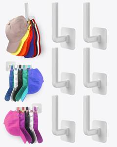 lot 10121 image: Sunfanie Hat Rack for Hat Storage (6-Pack), Multi-purpose Hat Organizer, Strong Adhesive Hat Hooks for Wall Hat Organizer for Baseball Caps, Two Mounting Options Hat Hook, White