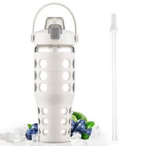 lot 10136 image: MUKOKO 32oz Glass Tumbler with Straw and Lid,Glass Water Bottles with Time Marker,Iced Coffee Cup,Silicone Sleeve,Leakproof,BPA Free-White