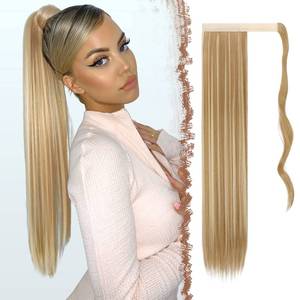 lot 10137 image: FESHFEN Straight Long Ponytail Extensions 28 Inch Wrap Around Synthetic Hair Piece Pony Tail Hair Extensions Hairpieces for Women Girls, Light Ash Brown Mixed Bleach Blonde
