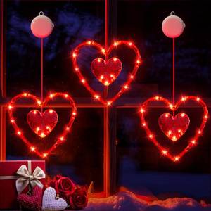 lot 10152 image: LYUBASA 3 Pack Valentines Day Window Lights Decorations with Timer, Battery Powered Hanging Red Lighted Heart Shaped Silhouette Sucker LED Lamp for 2024 Holiday Fireplace Indoor Home Decor