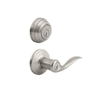 lot 10242 image: Kwikset 991 Tustin Keyed Door Lever and Sgl Cyl Deadbolt Combo Pack in SN - Retail $317.72