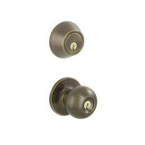 lot 6377 image: Jeffir Antique Brass Single Cylinder Deadbolt and Keyed Entry Door Knob Combo Pack