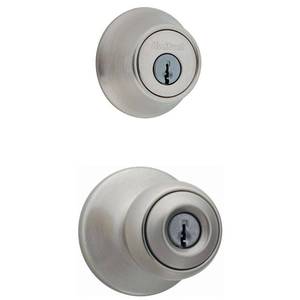 lot 6423 image: 690 Polo Keyed Entry Knob and Single Cylinder Deadbolt Combo Pack in Satin Nickel - Retail $220.1