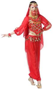 lot 8147 image: Lauthen.S Women Belly Dance Outfit Coins Top Pants Face Veil Set Halloween Costume Red